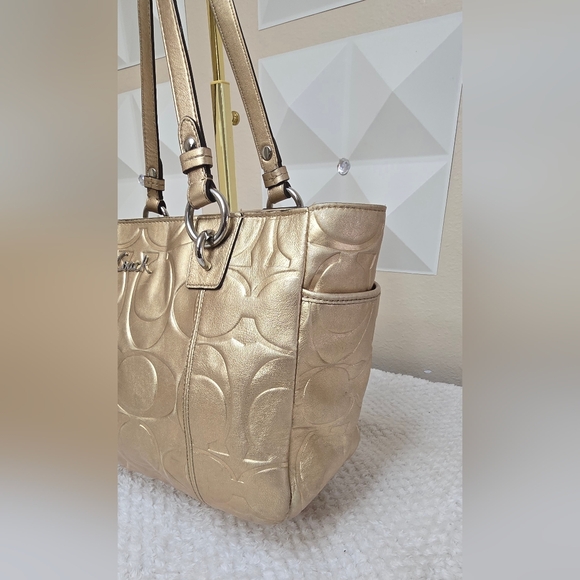 Coach Gold Embossed Signature Leather Tote Bag | Metallic Shoulder Bag - Picture 6 of 10